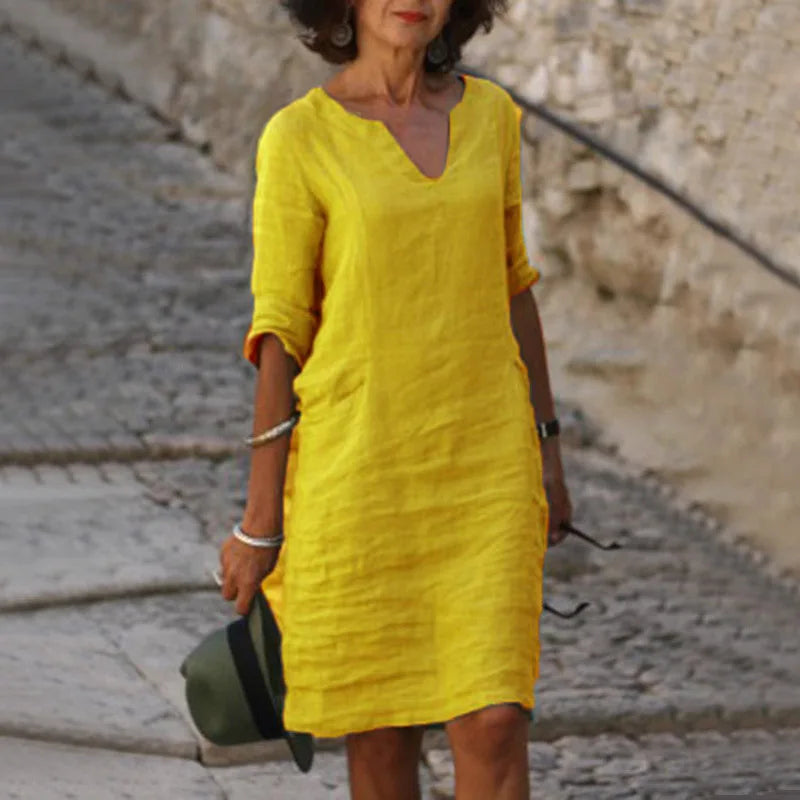 Nora | Loose Linen Summer Dress with V-Neck