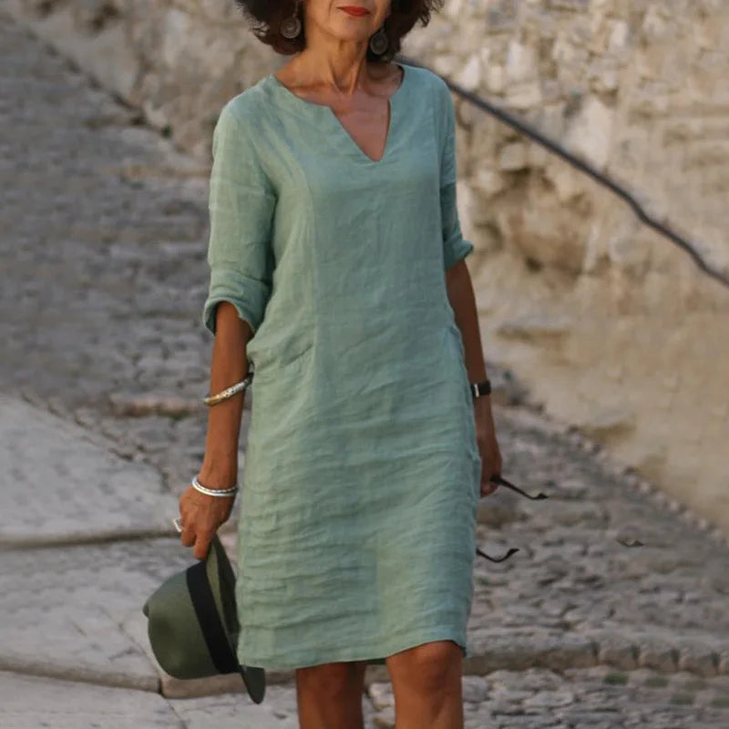 Nora | Loose Linen Summer Dress with V-Neck