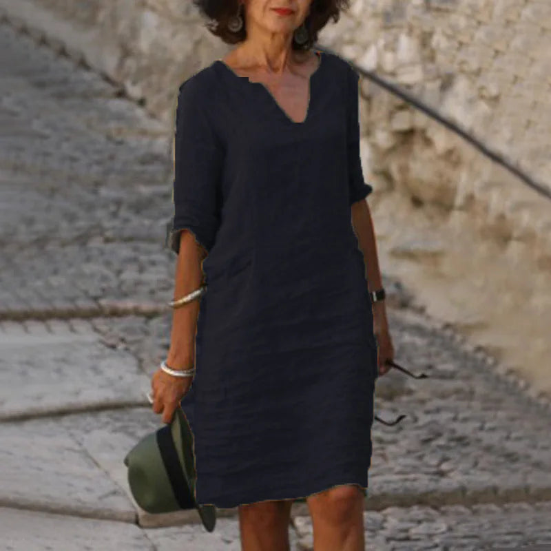 Nora | Loose Linen Summer Dress with V-Neck