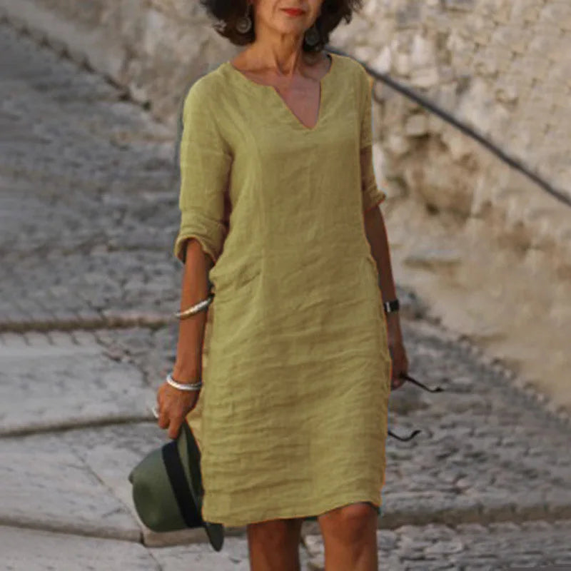 Nora | Loose Linen Summer Dress with V-Neck