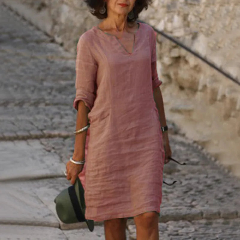 Nora | Loose Linen Summer Dress with V-Neck