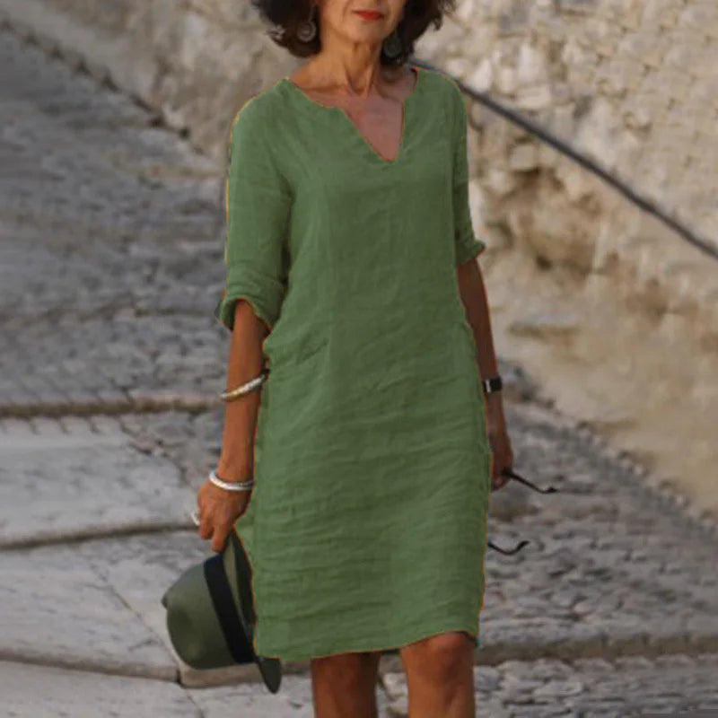 Nora | Loose Linen Summer Dress with V-Neck