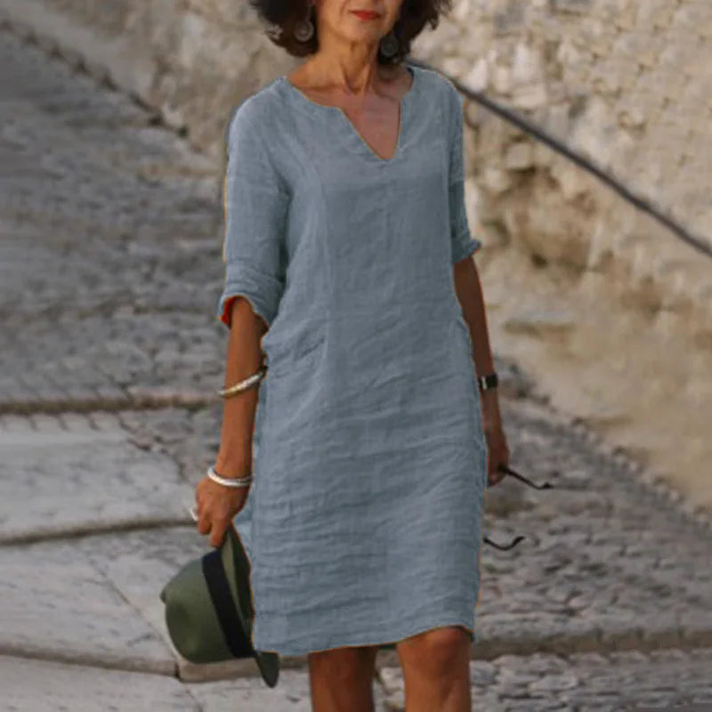 Image of Nora | Loose Linen Summer Dress with V-Neck