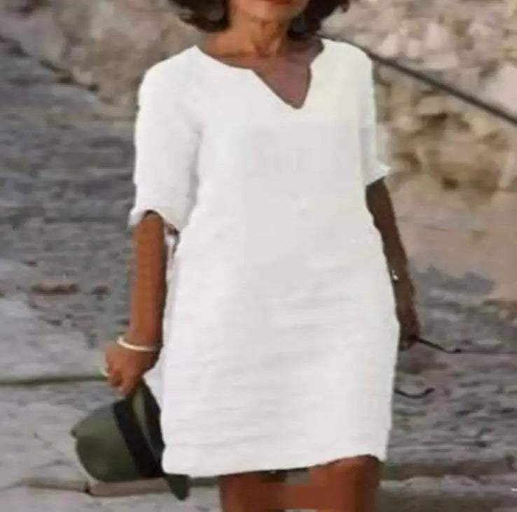 Nora | Loose Linen Summer Dress with V-Neck